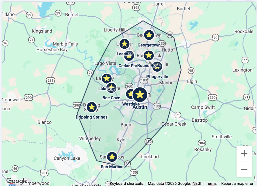Map of the Casa Washa service area across Austin and Central Texas