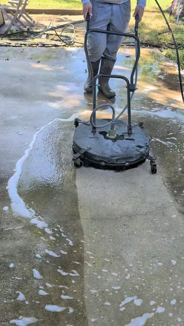 Drawing the line on dirty concrete. 

Years of mold, algae, and grime… gone one pass at a time.

Concrete is durable, but it's also porous. Left alone, organic growth doesn't just change the look—it creates a surface that's harder to maintain and can become slick when wet.

This is why we love surface cleaners: even cleaning, no wand stripes, and incredibly satisfying results.

#sundayvibes #satisfying #pressurewashing #foryoupage #fyp
