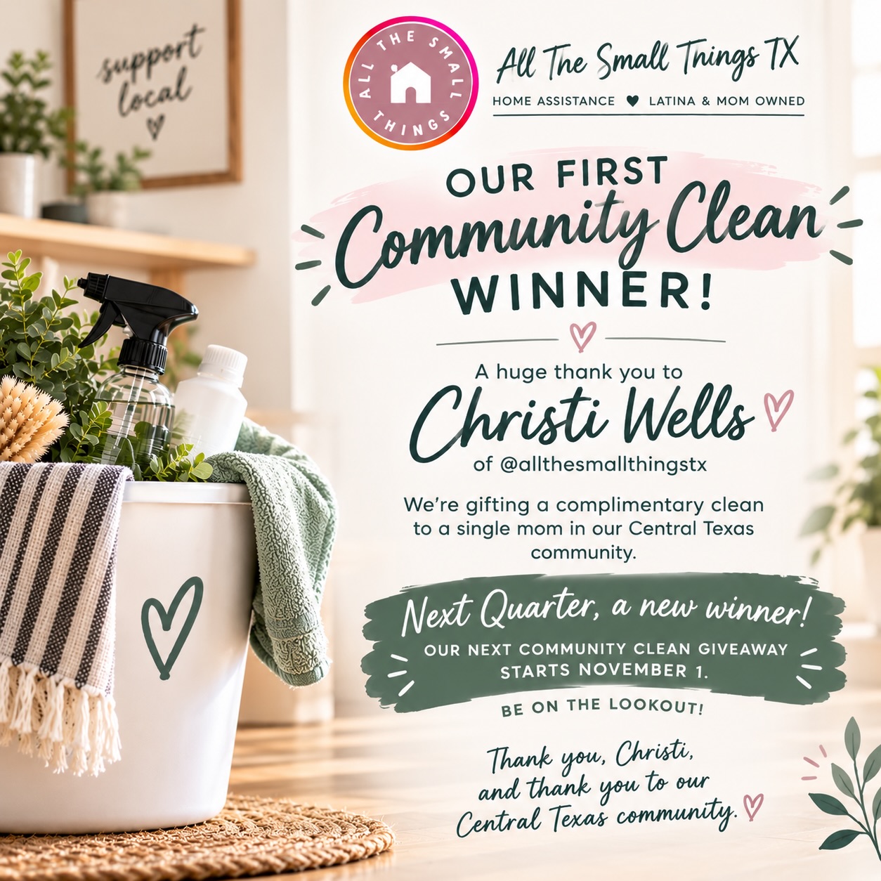 🧡 OUR FIRST COMMUNITY CLEAN WINNER! 🧡

If you saw our recent post announcing our new Community Clean Giveaway, we’re excited to announce our first winner: Christi Wells of @allthesmallthingstx! 🎉

We’ll be gifting a complimentary clean to a single mom in our Central Texas community and can’t wait to share the day, behind-the-scenes moments, and before & afters once it happens! 🧼✨

And we’re doing this quarterly, so Q4 is coming next! Maybe a holiday light giveaway with @limestonelighting 👀 @limestonemovingco 

Thank you, Christi, and thank you to our Central Texas community. We love it here. 🤎

#Austin #ATX #AustinTexas #Texas #AustinSmallBusiness