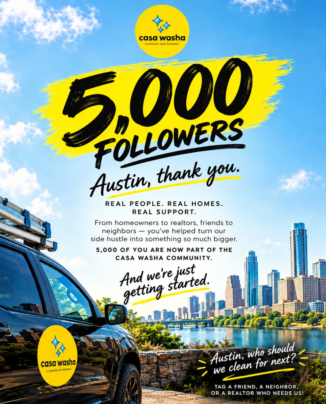 5,000 FOLLOWERS. AUSTIN, THIS ONE’S FOR YOU. 🫶🤠

What started as a side hustle has grown into something much bigger, and we owe so much of that to this community.

To every homeowner who trusts us, every realtor who refers us, every customer who leaves a review, and everyone who shares our work — THANK YOU.

So we’re celebrating the Casa Washa way: by giving a little back. 🧼✨

🎉 OUR 5K CELEBRATION SPECIAL

🏡 $50 OFF a qualifying cleaning service.

🤝 NEIGHBOR BONUS: Get your neighbor on board! When you both book qualifying services, you each get $50 OFF.

🎃 Offer ends Halloween night — October 31! Book by the deadline to claim your savings.

📍 Austin • Westlake • Bee Cave • Lakeway • Steiner Ranch • River Place • Tarrytown • Dripping Springs 

Here’s to cleaner homes, stronger neighborhoods, and the next 5,000 of you.

DM us “5K” to claim your offer.

Tag a neighbor who needs to see this. 👇

#AustinTexas #AustinRealEstate #WestlakeTX #BeeCaveTX #LakewayTX